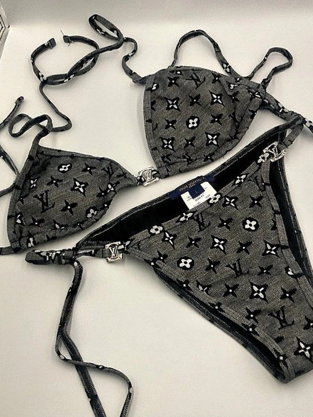 Louis Vuitton Triangle Bikini Set Gray Black & White Monogram Print Swim Suit Lg